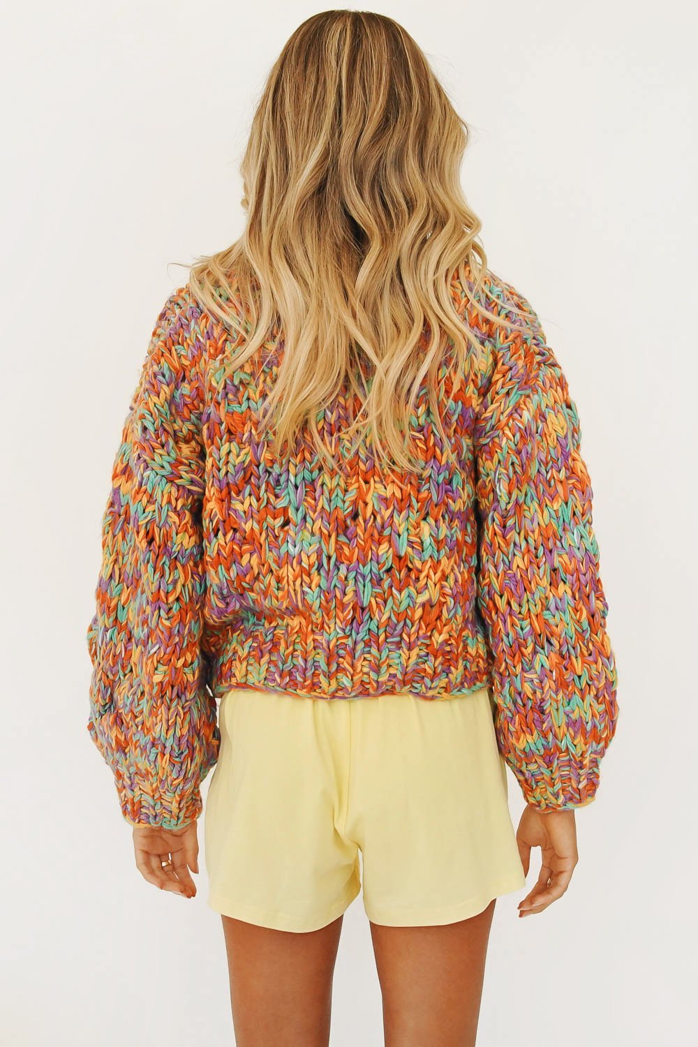 Rainbow Woven Lantern Sleeve Knitted Cardigan