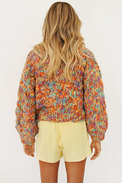 Rainbow Woven Lantern Sleeve Knitted Cardigan