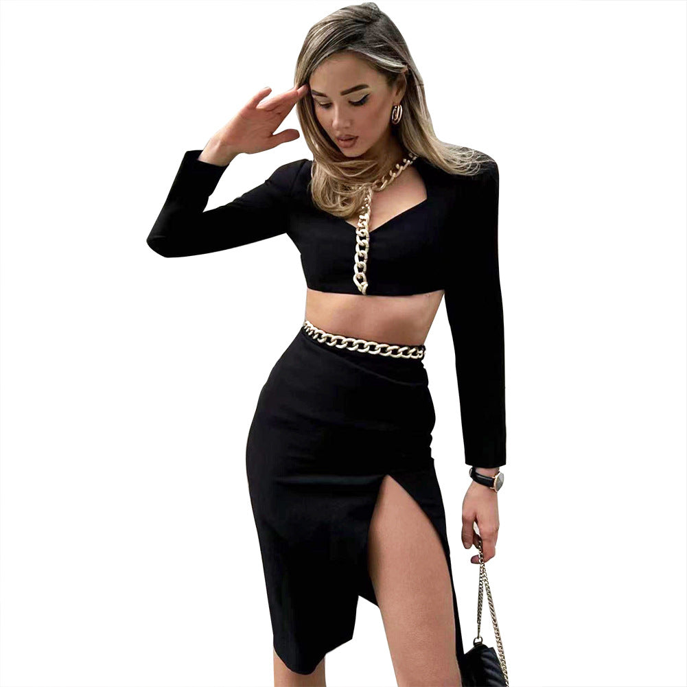 Lady Sexy Iron Chain Navel Elastic Bandage Suit Skirt