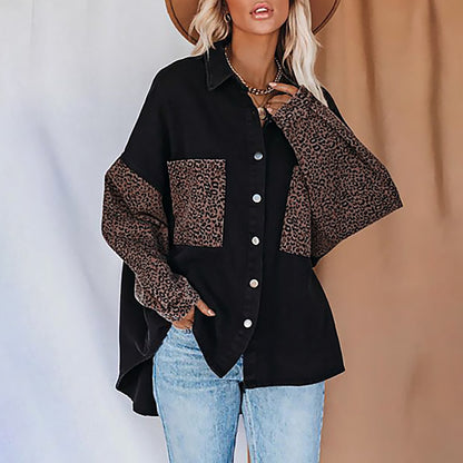 European And American Long-Sleeved Pocket Leopard Print Lapel Cardigan Top