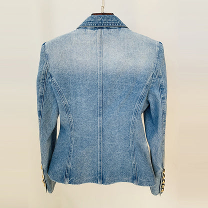 Women's Slim Double-breasted Lion Button Denim Suit Jacket