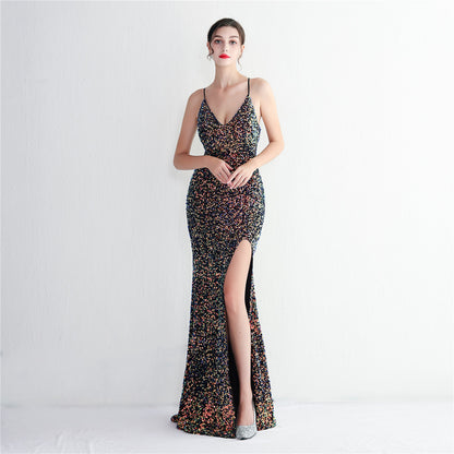 Velvet Bottom Sequin New Suspender Party Sequined Dress Long Banquet Slim-fit Evening Dress Elegant