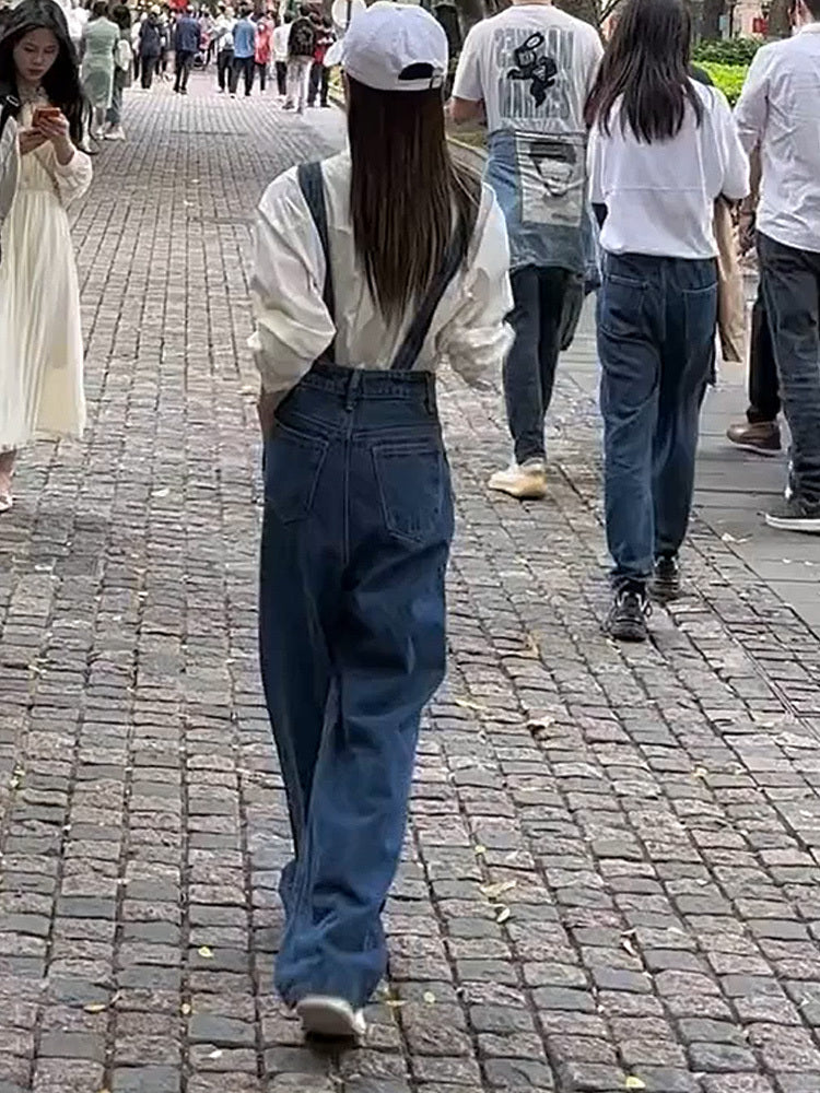 Pantalon à bretelles en denim à jambe large et coupe ample taille haute pour femme