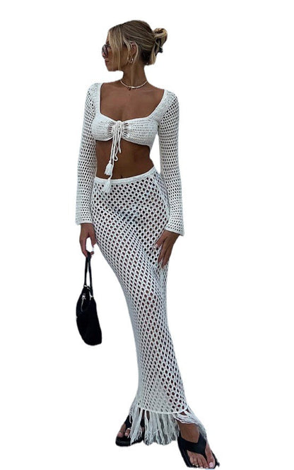 Tassel Sheer Cutout Sweater Set