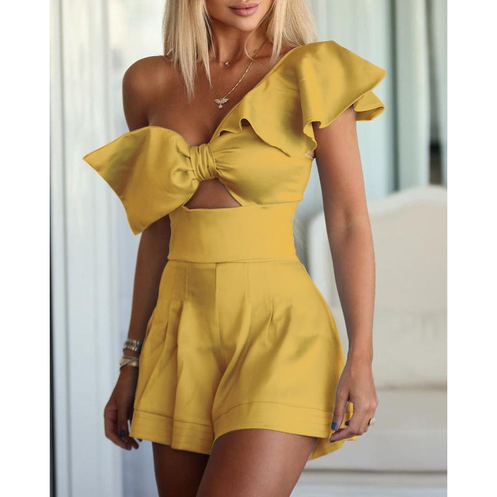 One-shoulder Bow Ruffled One-piece Shorts