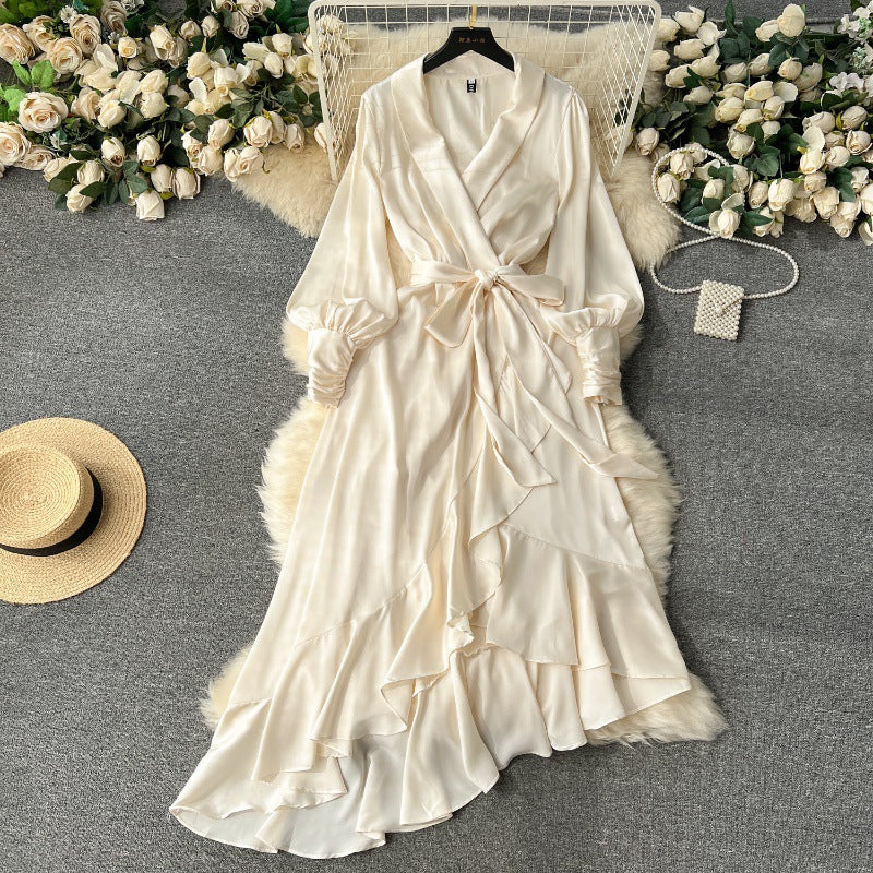 Long Sleeve Lace-up Waist Trimming Ruffles Irregular Suit Skirt Dress