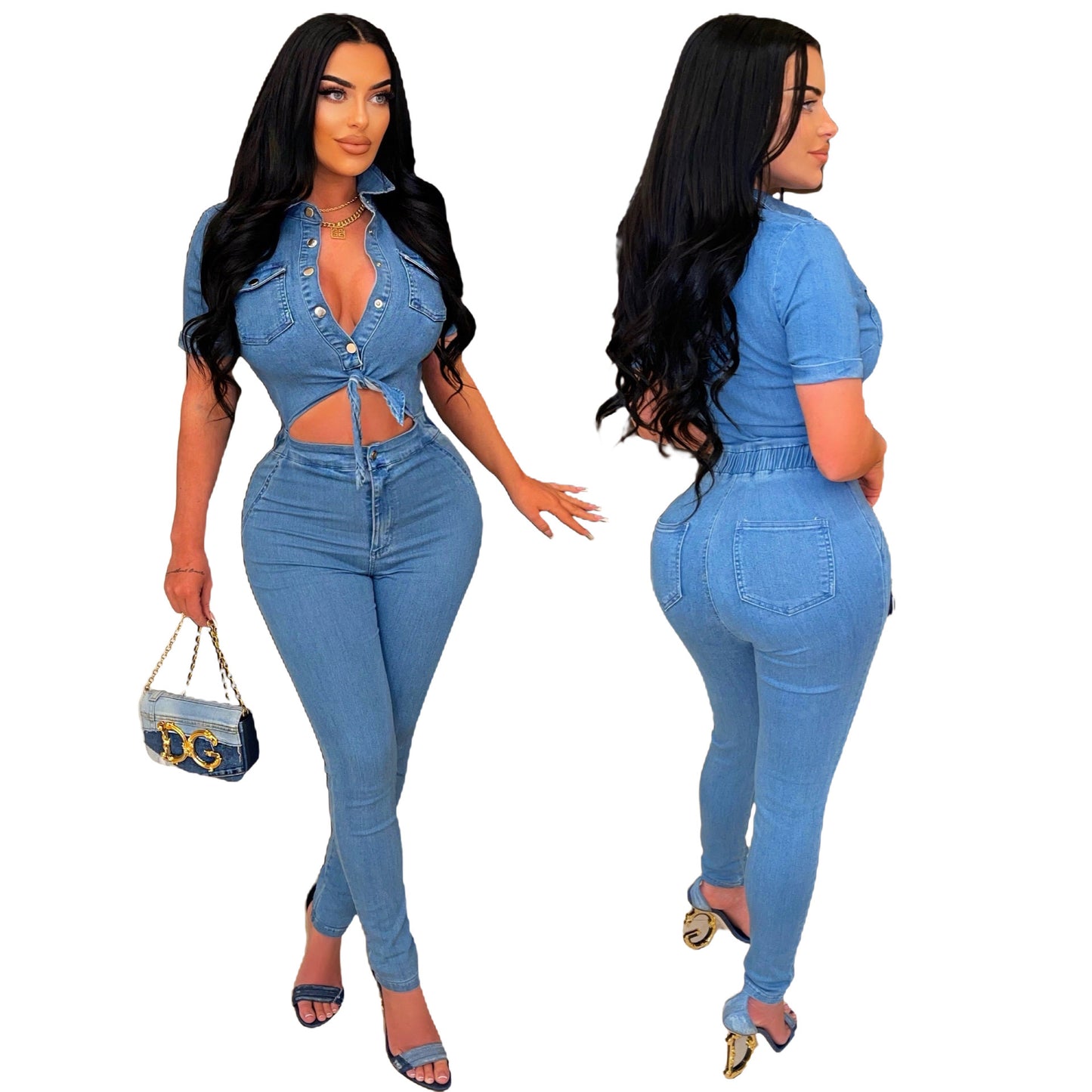 Slim Fit Fashion Short Sleeve Denim Jumpsuit