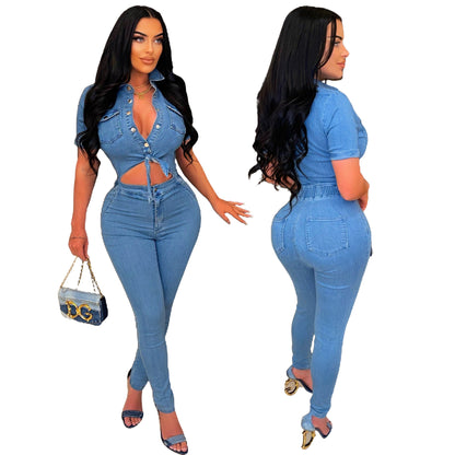 Slim Fit Fashion Short Sleeve Denim Jumpsuit