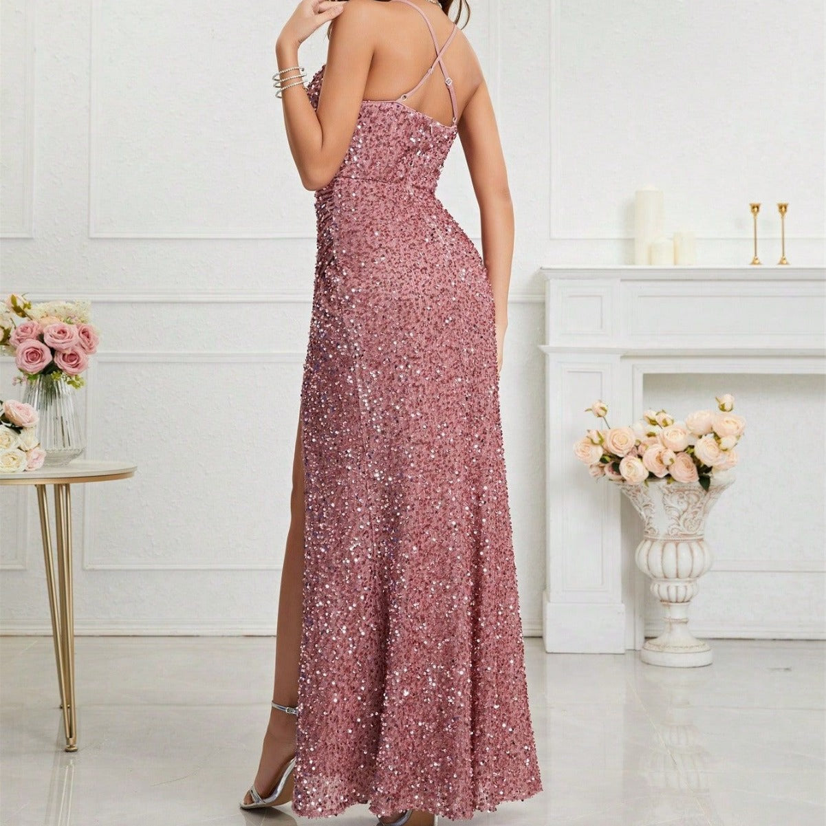 Banquet Temperament Slim Fit Daily V-neck Sequins Dress