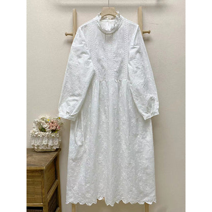 Loose Casual Embroidered Cotton Solid Color Long Sleeve Dress