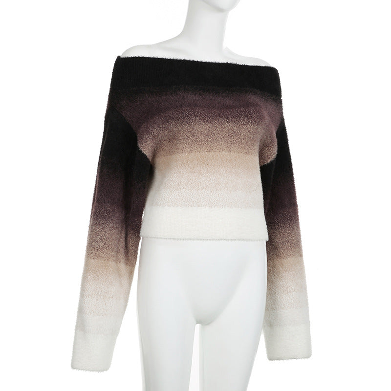 Gradient Off-neck Long-sleeved Woolen Top