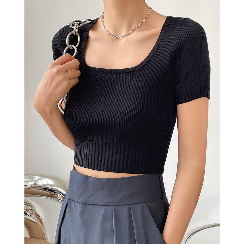 Bloggerstyle Fashionable Squareneck Short Navel Tshirt Slimming Shortsleeved Knitted Top Women