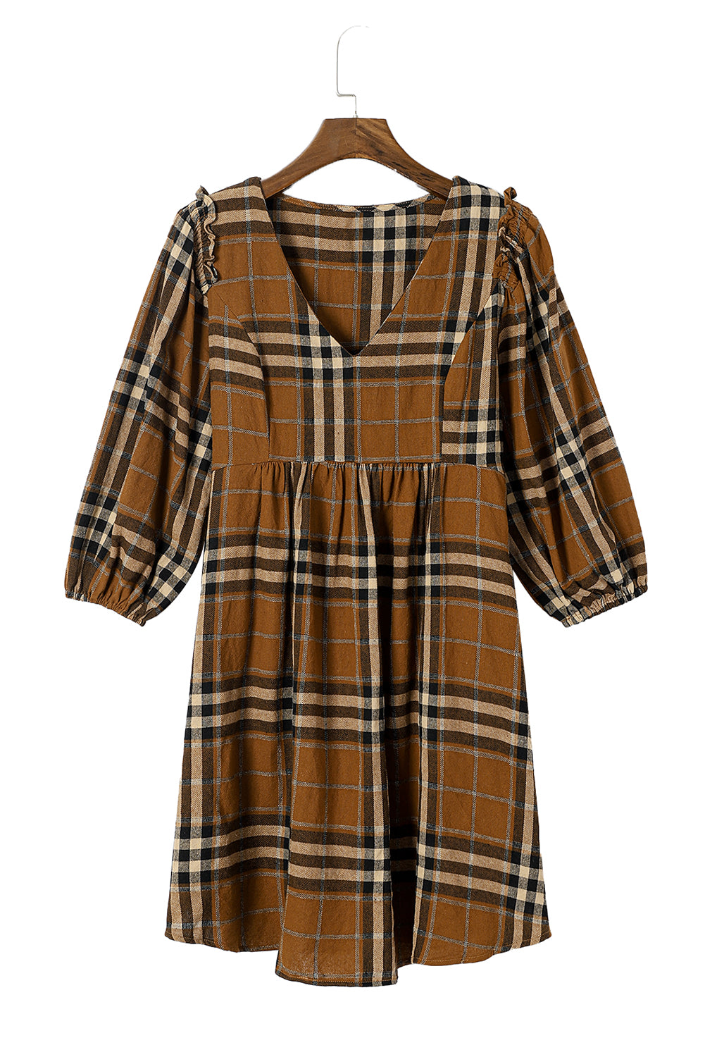 Brown Plaid Pattern Empire Waist Babydoll Dress