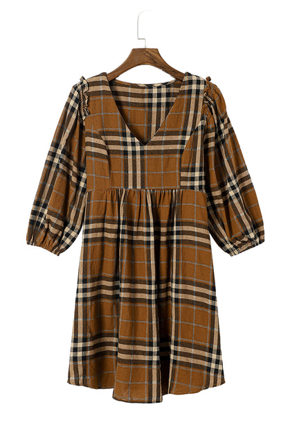 Brown Plaid Pattern Empire Waist Babydoll Dress