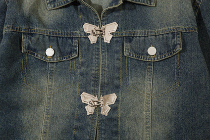 American Retro Distressed Butterfly Metal Buckle Design Short Denim Coat