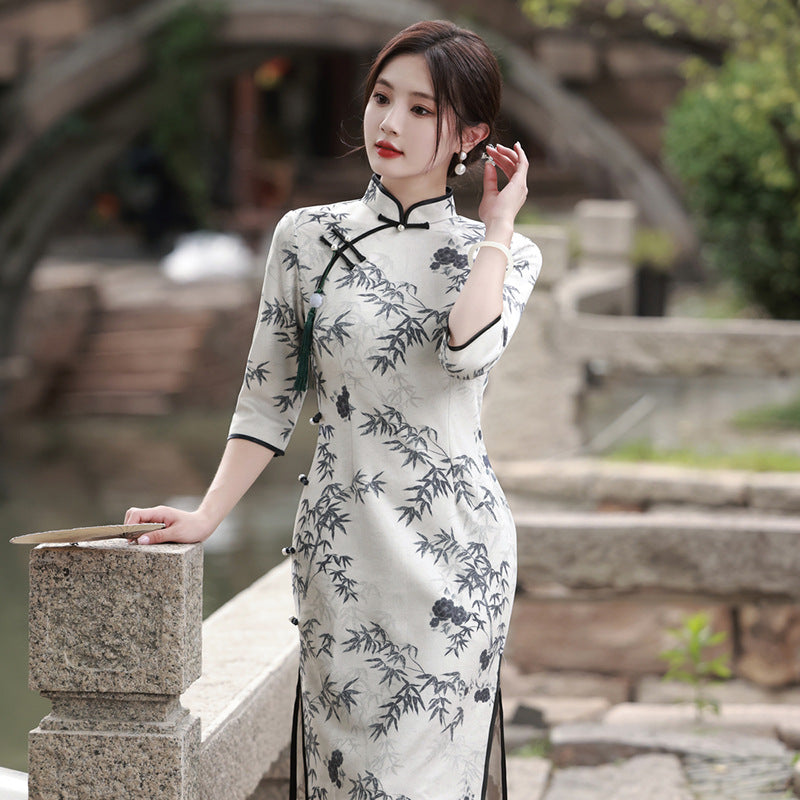 Women's Chinese Suede Printed High-end Elegant Graceful Slimming Daily Cheongsam Dress