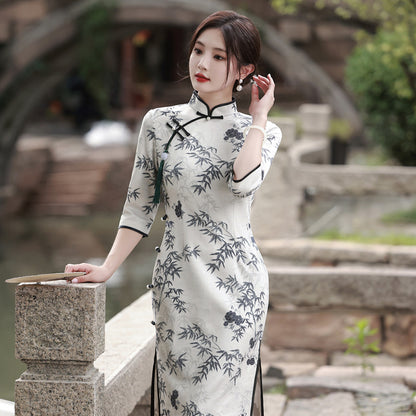 Robe Cheongsam chinoise en daim imprimé pour femmes, haut de gamme, élégante, gracieuse, amincissante, quotidienne