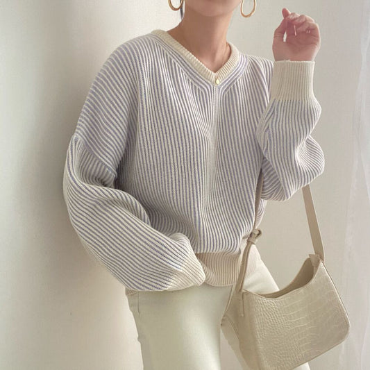 Temperament Loose Doll Sleeve V-Neck Striped Sweater