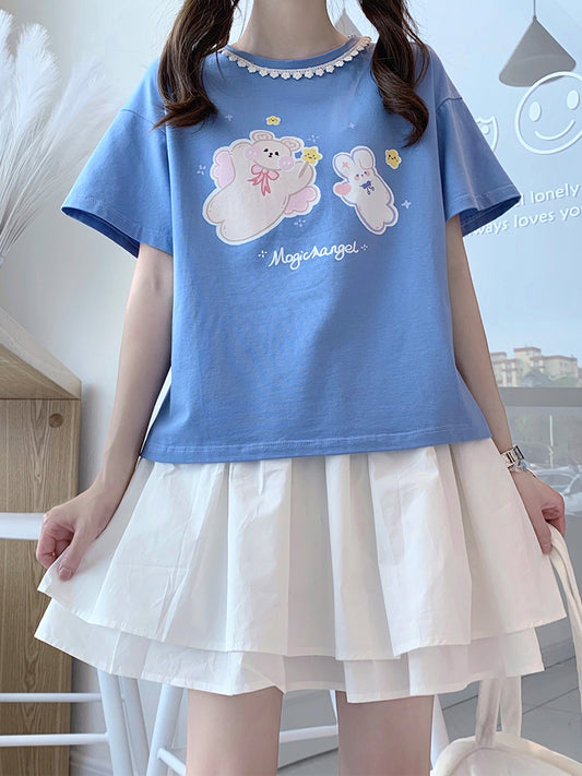 Flying Bear Soft Cute Girl Soft Sister Print Camiseta de manga corta de encaje lindo