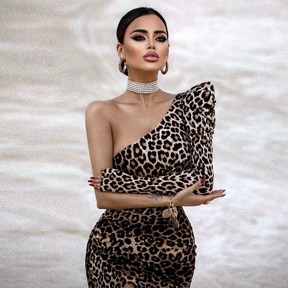 Shoulder Long Sleeve Leopard Print Slim-fit Tight Split Sheath Dress