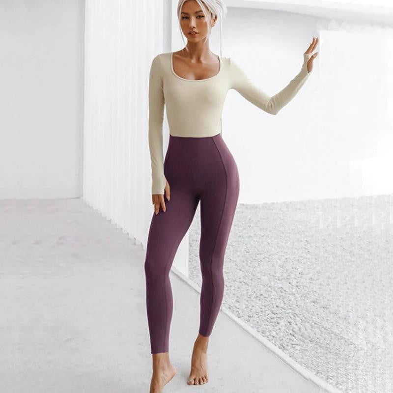 Ropa de yoga de una pieza con almohadilla para el pecho sin tirantes y manga larga para mujer