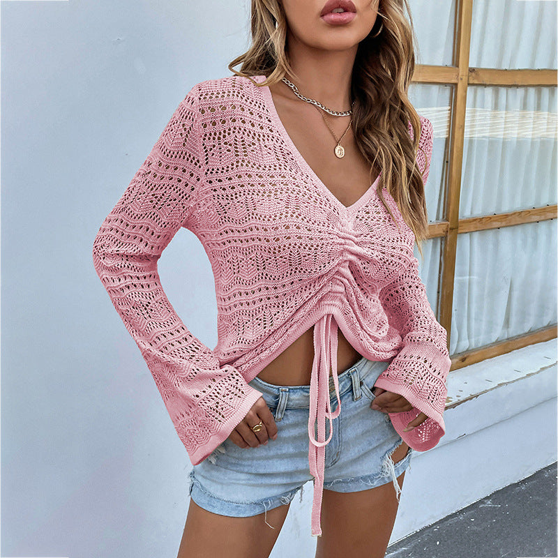 V Neck Drawstring Flare Sleeve Sweater