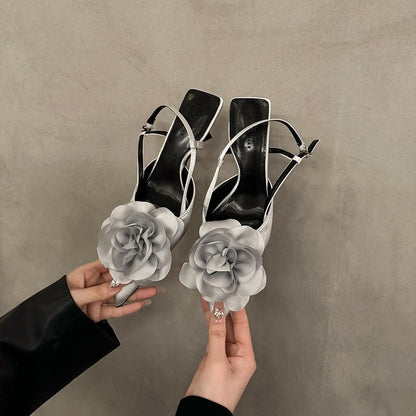 Design Flower High Heels French Closed Toe Sandals