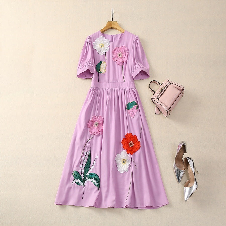 Three-dimensional Stickers Flower Waist-tight Round Neck Short Sleeve Dress