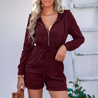 Women's Slim Fit Hooded Long-sleeve One-piece Shorts