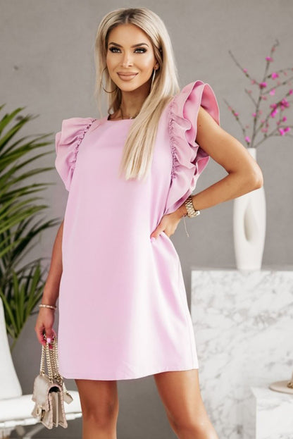 Pink Round Neck Ruffle Shift Mini Dress