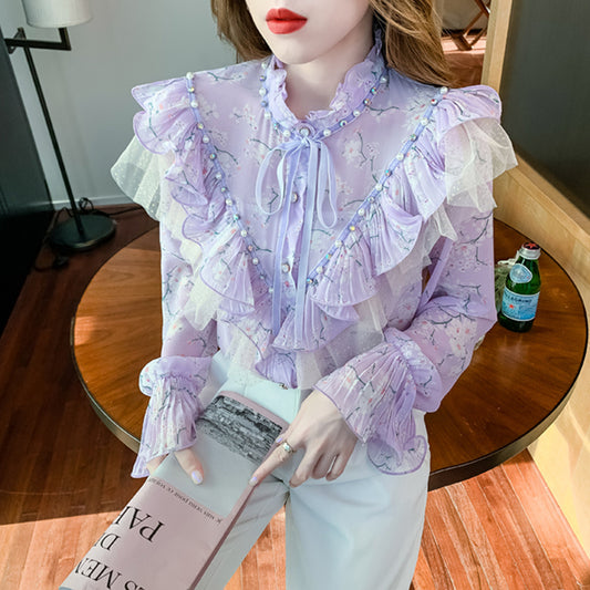 Original Single Western Style Floral Chiffon Shirt Women