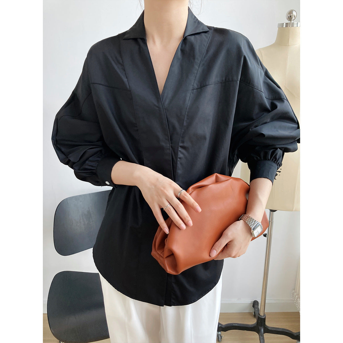 Retro Small Lapel Long-sleeved Women's Spring New Loose Silhouette Bat Sleeve Shirt