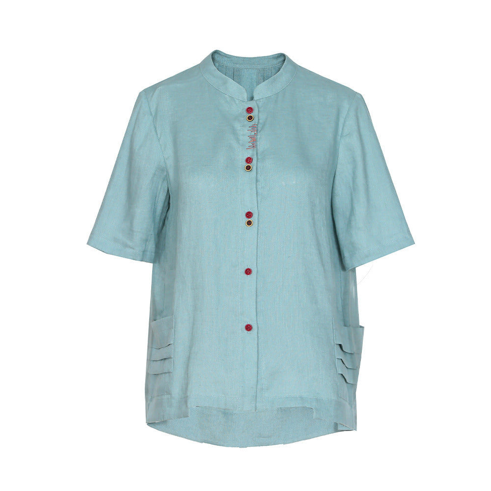 Camisa de lino con cuello levantado vintage para mujer