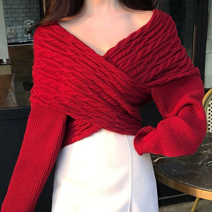 Version coréenne du nouveau Style de la clavicule col en v rétro pull torsadé pour femmes