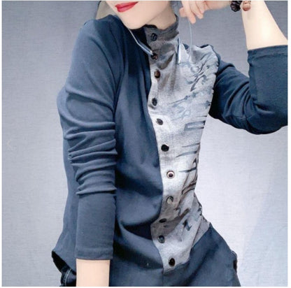 Printing Stand-up Collar Long-sleeved Korean Style All-match Blouse