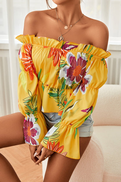 Floral Off-Shoulder Flounce Sleeve Peplum Blouse