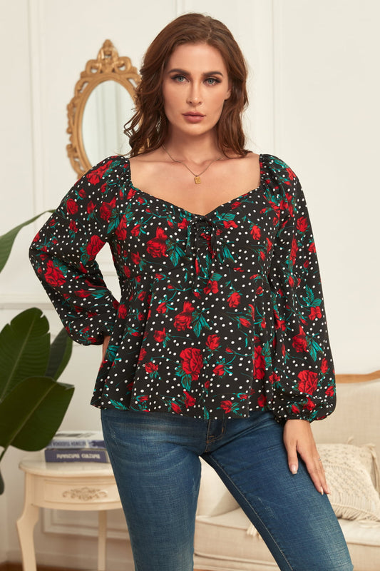 Melo Apparel Blouse florale à manches ballon grande taille