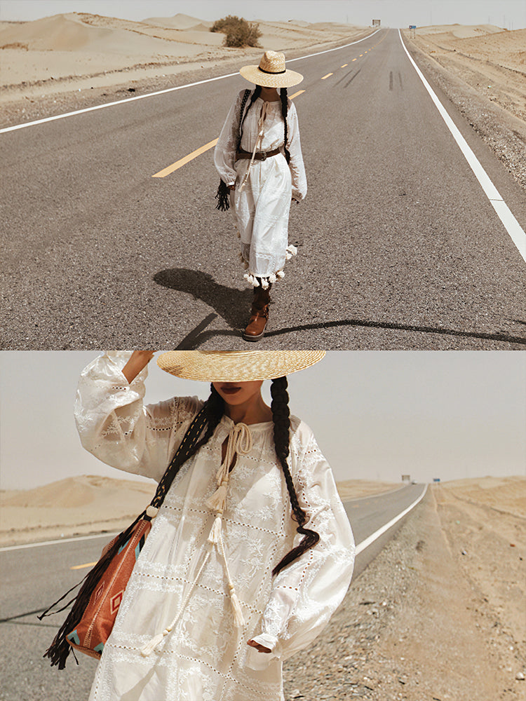 Vestido con cordones y flecos bordados