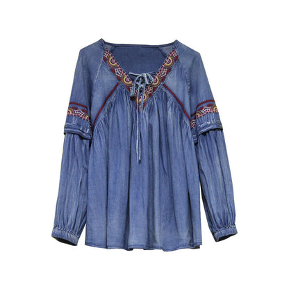 Lantern Sleeve Large Size Denim Shirt Retro Embroidery Strap Loose Long-sleeved Shirt Women