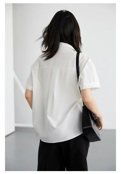 Neutral Casual Loose Double-row Stacked Placket Short Sleeve Shirt