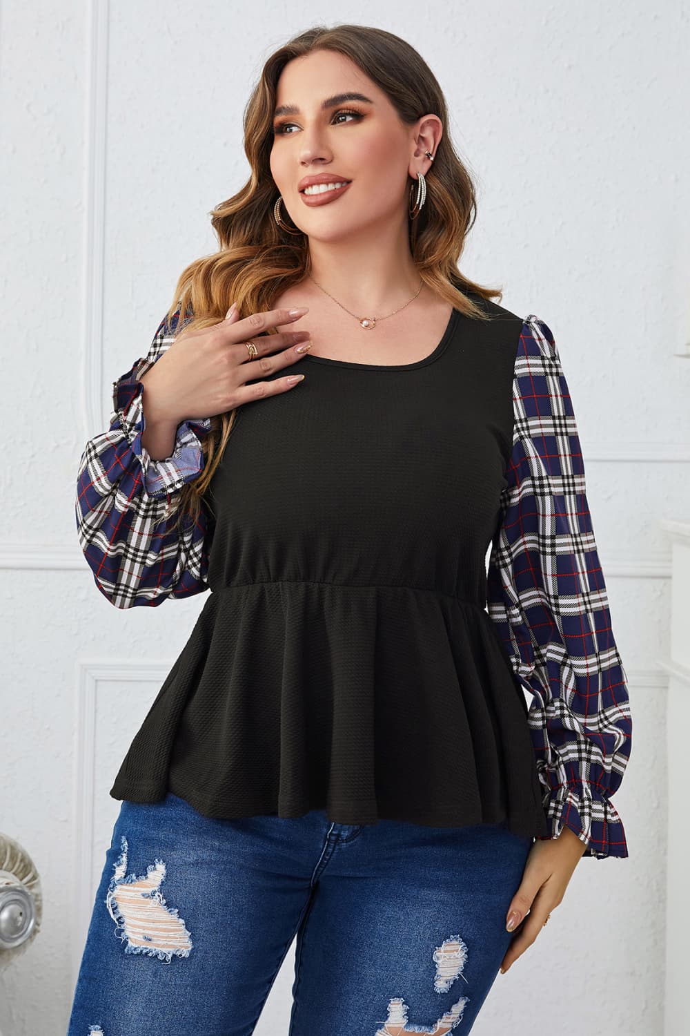 Melo Apparel Blouse froncée à col carré et imprimé écossais grande taille