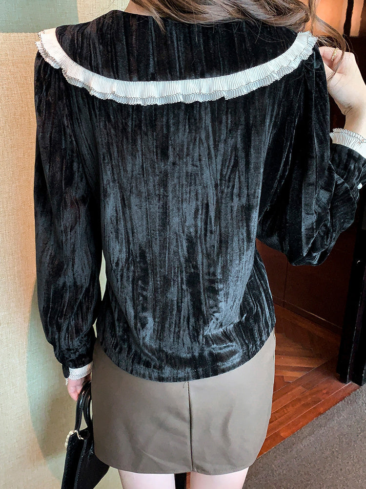 Women's Black Velvet Inner Long Sleeve Bottoming Top