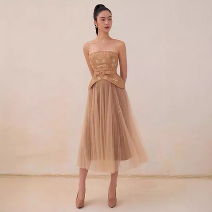 Flower And Bird Embroidered Leather Tube Top Pleated Mid-length Dress Set