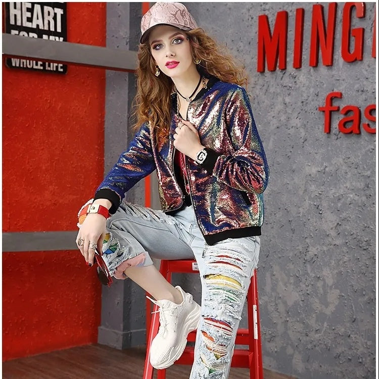 Fashion Stand Collar Tide Brand Zipper Sequin Long Sleeve Jacket Top