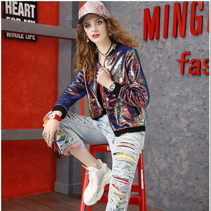 Fashion Stand Collar Tide Brand Zipper Sequin Long Sleeve Jacket Top