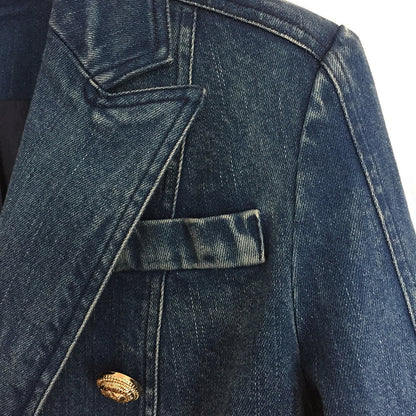 Double-breasted Lion Buckle Washing Water Denim Blazer