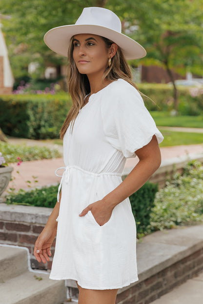 White Puff Sleeve Drawstring Shirt Dress with Pockets