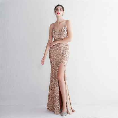 Velvet Bottom Sequin New Suspender Party Sequined Dress Long Banquet Slim-fit Evening Dress Elegant