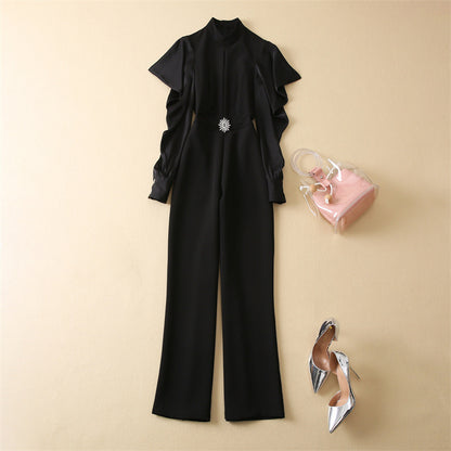 Long Sleeve Waist Black Temperament Commuter Jumpsuit