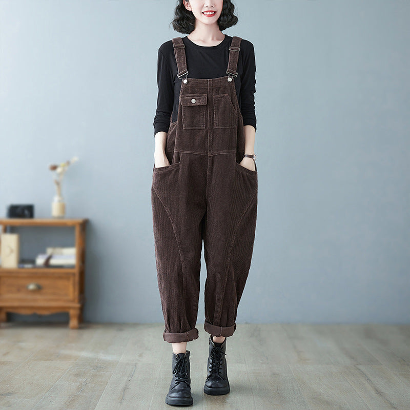 Women's Wide Leg Suspender Washed Corduroy Overalls